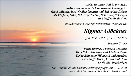 Traueranzeige von Sigmar Glöckner von Trauerkombi Bitterfeld