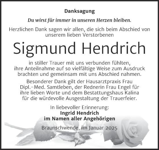 Traueranzeige von Sigmund Hendrich von Trauerkombi Mansfelder Land