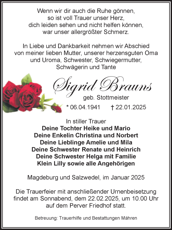 Traueranzeige von Sigrid Brauns von Volksstimme Altmark West