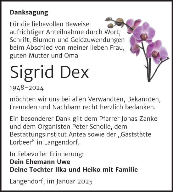 Traueranzeige von Sigrid Dex von Trauerkombi Weißenfels