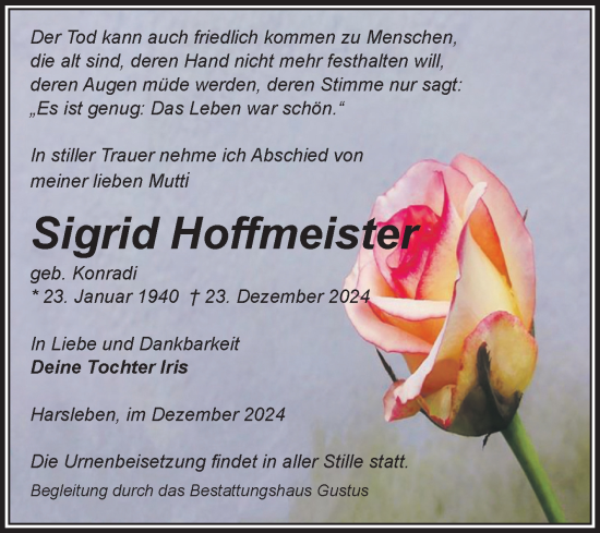 Traueranzeige von Sigrid Hoffmeister von Volksstimme Halberstadt
