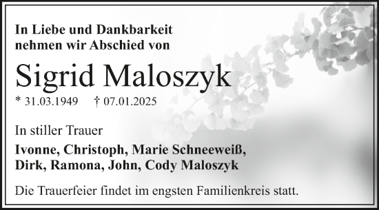Traueranzeige von Sigrid Maloszyk von Trauerkombi Dessau