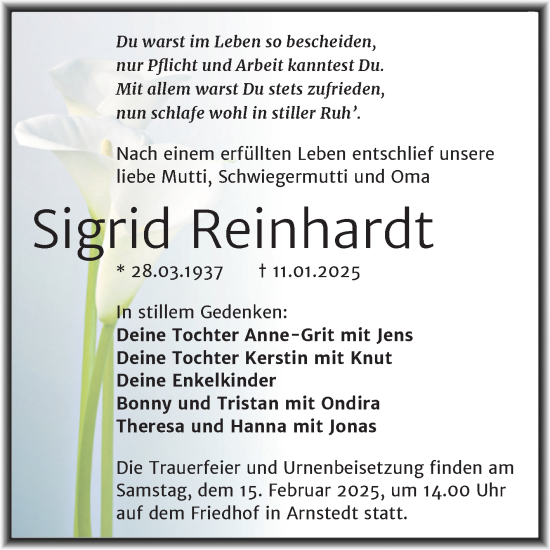 Traueranzeige von Sigrid Reinhardt von Trauerkombi Mansfelder Land
