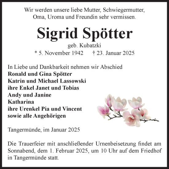 Traueranzeige von Sigrid Spötter von Volksstimme Altmark Ost