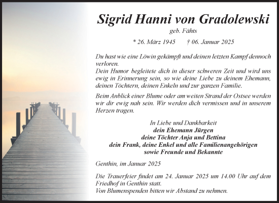 Traueranzeige von Sigrid Hanni von Gradolewski von Volksstimme Burg/Genthin