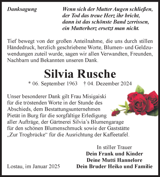 Traueranzeige von Silvia Rusche von Volksstimme Burg/Genthin