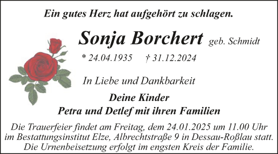 Traueranzeige von Sonja Borchert von Trauerkombi Dessau