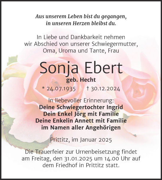Traueranzeige von Sonja Ebert von Trauerkombi Weißenfels