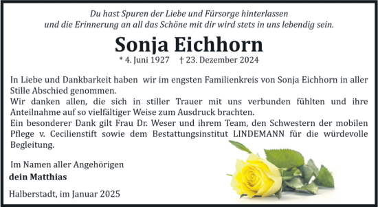 Traueranzeige von Sonja Eichhorn von Volksstimme Halberstadt
