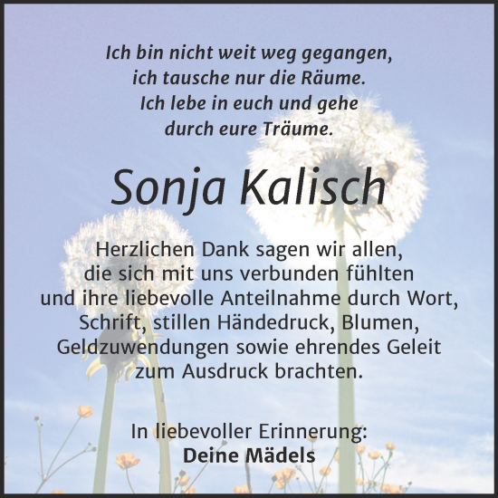 Traueranzeige von Sonja Kalisch von Trauerkombi Quedlinburg