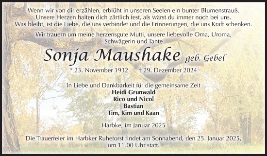 Traueranzeige von Sonja Maushake von Volksstimme Oschersleben/Wanzleben