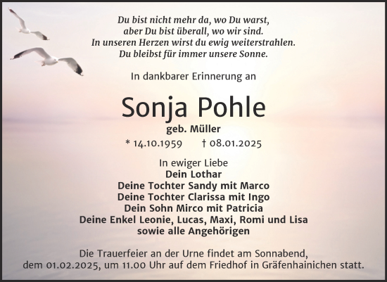 Traueranzeige von Sonja Pohle von Trauerkombi Wittenberg
