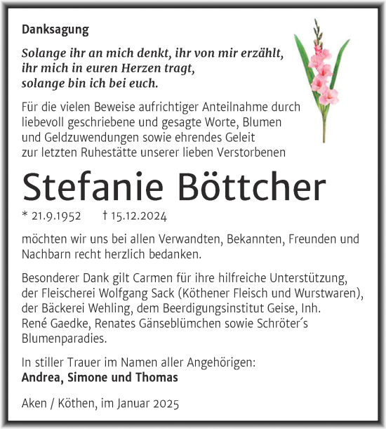 Traueranzeige von Stefanie Böttcher von Trauerkombi Köthen
