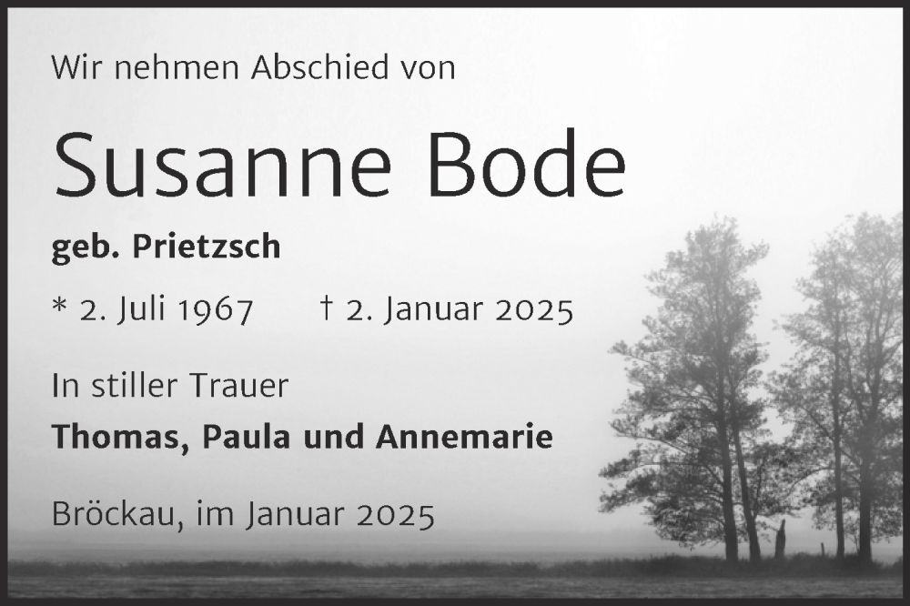  Traueranzeige für Susanne Bode vom 11.01.2025 aus Trauerkombi Zeitz