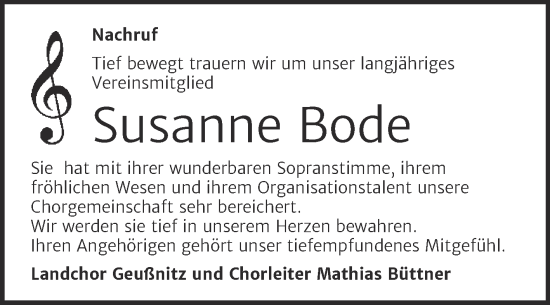 Traueranzeige von Susanne Bode von Super Sonntag Zeitz