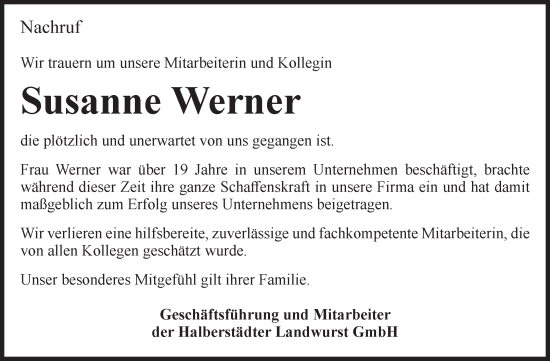 Traueranzeige von Susanne Werner von Volksstimme Halberstadt
