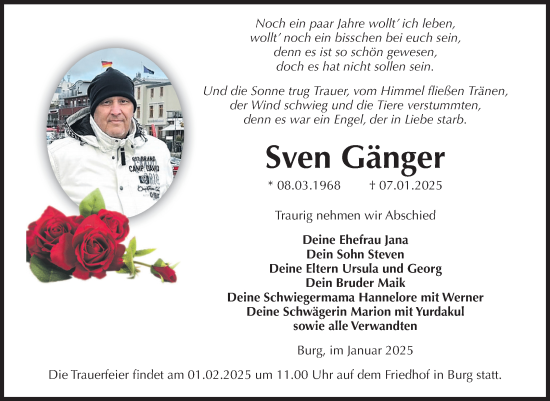 Traueranzeige von Sven Gänger von Volksstimme Burg/Genthin