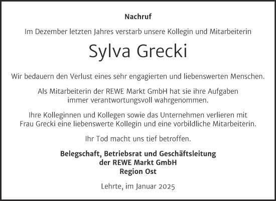Traueranzeige von Sylva Grecki von Mitteldeutsche Zeitung Mansfelder Land