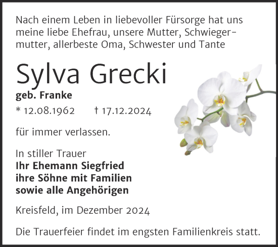 Traueranzeige von Sylva Grecki von Trauerkombi Mansfelder Land