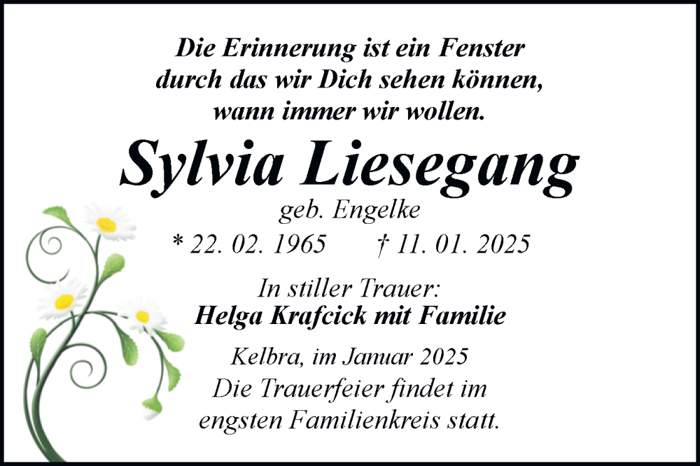  Traueranzeige für Sylvia Liesegang vom 25.01.2025 aus Trauerkombi Sangerhausen