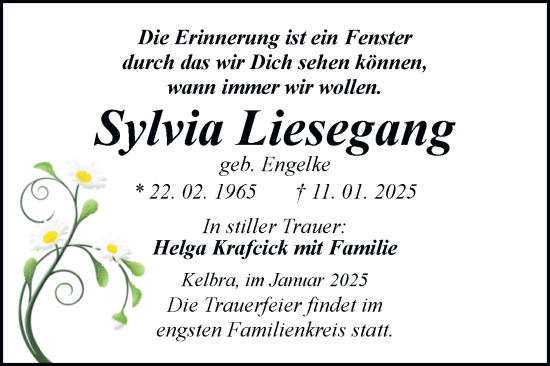 Traueranzeige von Sylvia Liesegang von Trauerkombi Sangerhausen