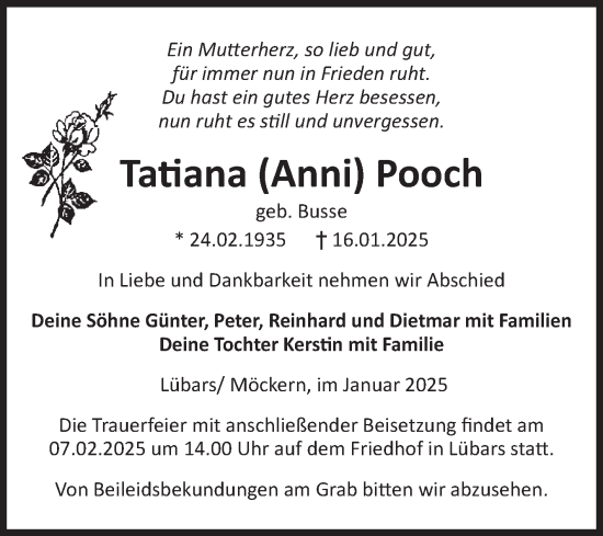 Traueranzeige von Tatiana Pooch von Volksstimme Burg/Genthin