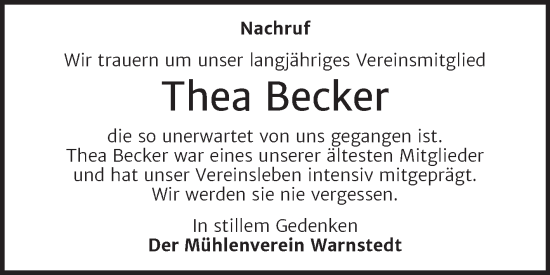 Traueranzeige von Thea Becker von Trauerkombi Quedlinburg