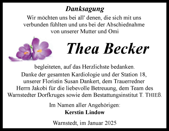 Traueranzeige von Thea Becker von Trauerkombi Quedlinburg