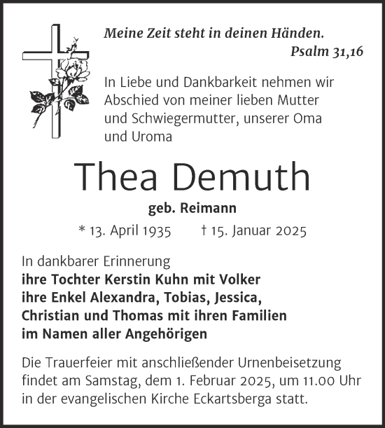 Traueranzeige von Thea Demuth von Naumburger Tageblatt