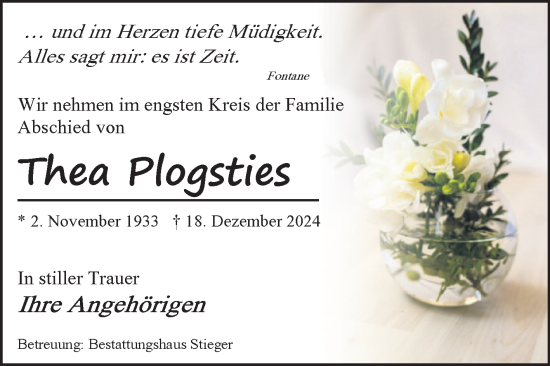 Traueranzeige von Thea Plogsties von Volksstimme Oschersleben/Wanzleben