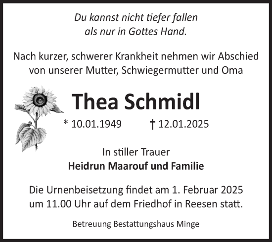 Traueranzeige von Thea Schmidl von Volksstimme Burg/Genthin