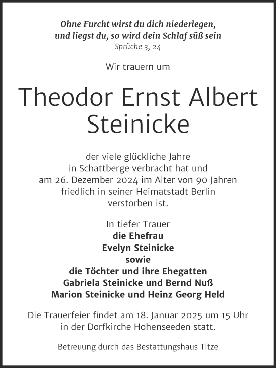 Traueranzeige von Theodor Ernst Albert Steinicke 