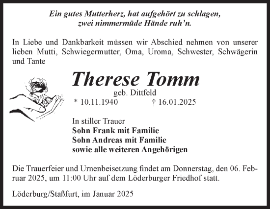 Traueranzeige von Therese Tomm von Volksstimme Staßfurt