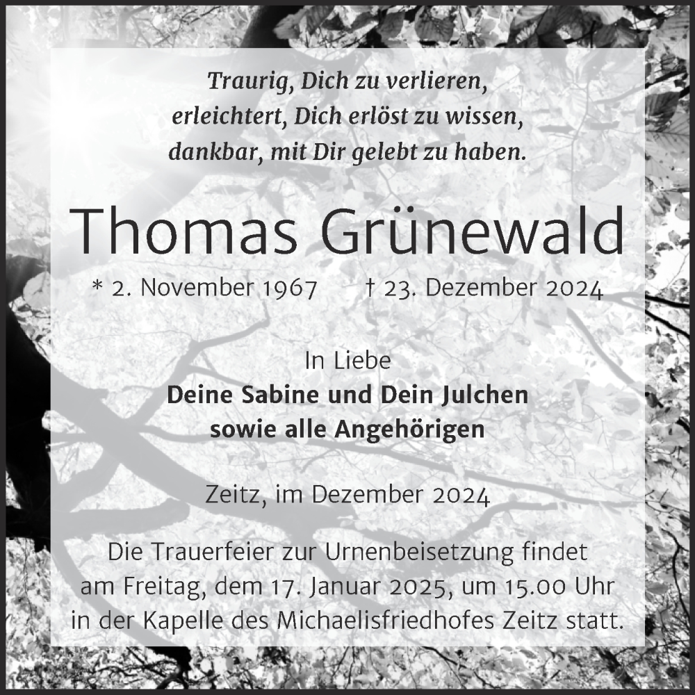  Traueranzeige für Thomas Grünewald vom 04.01.2025 aus Trauerkombi Zeitz