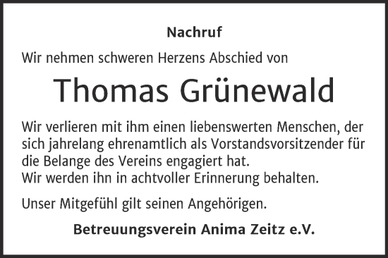 Traueranzeige von Thomas Grünewald von Super Sonntag Zeitz