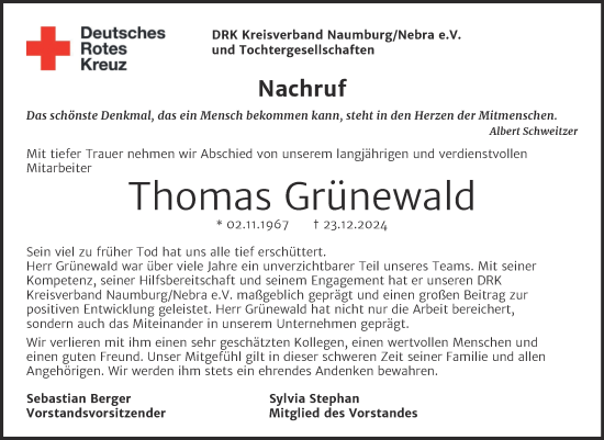 Traueranzeige von Thomas Grünewald von Naumburger Tageblatt