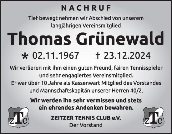 Traueranzeige von Thomas Grünewald von Super Sonntag Zeitz