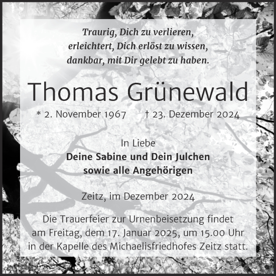 Traueranzeige von Thomas Grünewald von Trauerkombi Zeitz