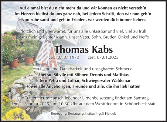 Traueranzeige von Thomas Kabs von Volksstimme Schönebeck