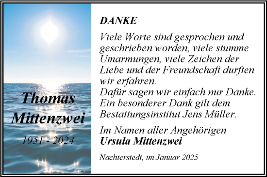 Traueranzeige von Thomas Mittenzwei von Trauerkombi Aschersleben
