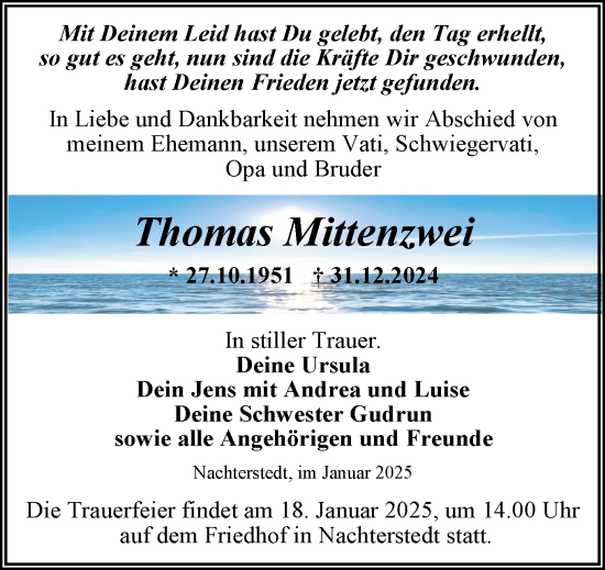 Traueranzeige von Thomas Mittenzwei von Trauerkombi Aschersleben
