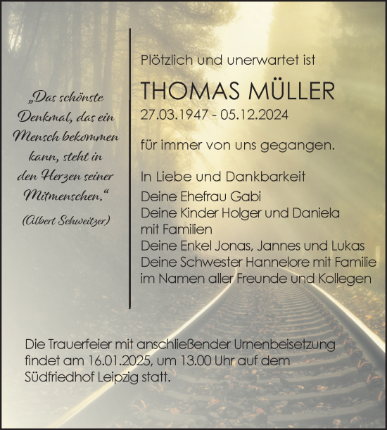 Traueranzeige von Thomas Müller von Mitteldeutsche Zeitung Dessau-Roßlau