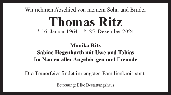 Traueranzeige von Thomas Ritz von Volksstimme Magdeburg