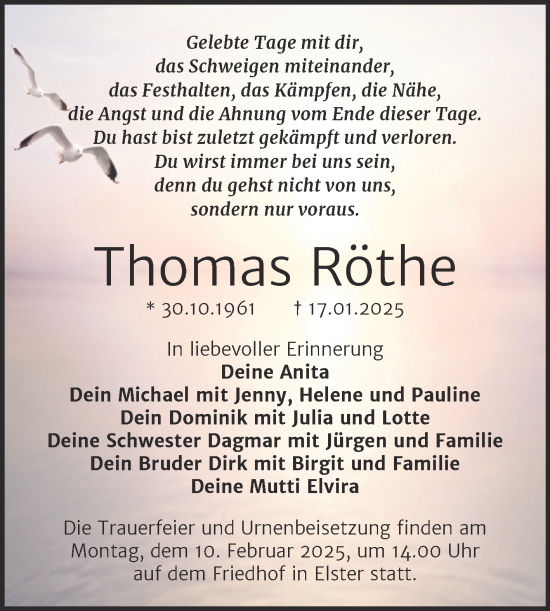 Traueranzeige von Thomas Röthe von Trauerkombi Wittenberg