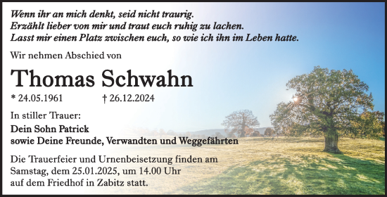 Traueranzeige von Thomas Schwahn von Trauerkombi Köthen