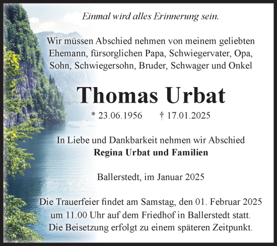 Traueranzeige von Thomas Urbat von Volksstimme Altmark Ost