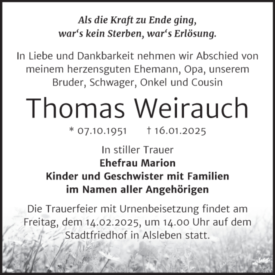 Traueranzeige von Thomas Weirauch von Trauerkombi Bernburg