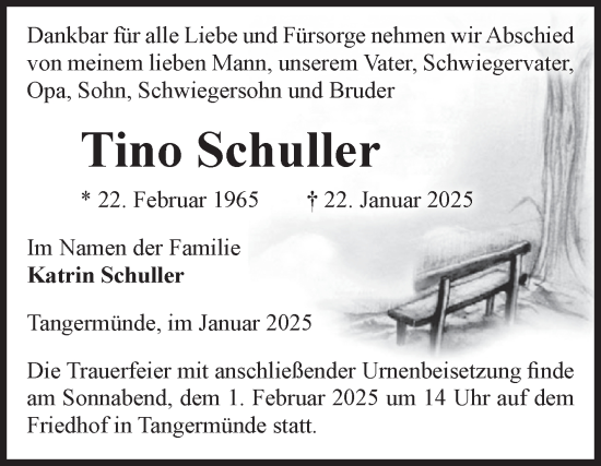 Traueranzeige von Tino Schuller von Volksstimme Altmark Ost
