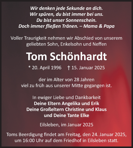 Traueranzeige von Tom Schönhardt von Volksstimme Oschersleben/Wanzleben