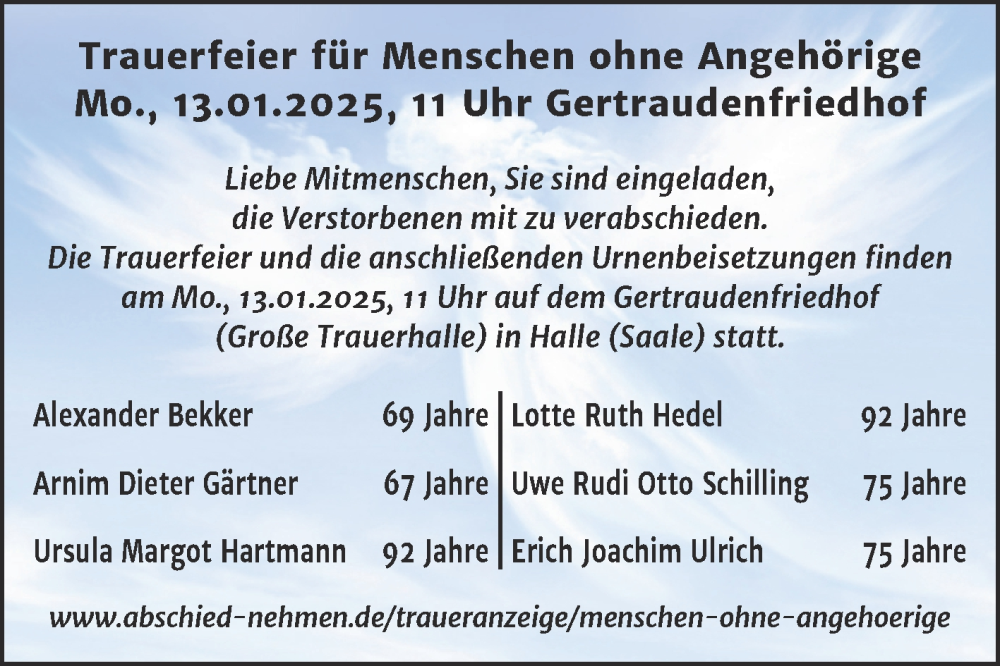  Traueranzeige für Menschen ohne Angehörige  vom 11.01.2025 aus Mitteldeutsche Zeitung Halle/Saalkreis